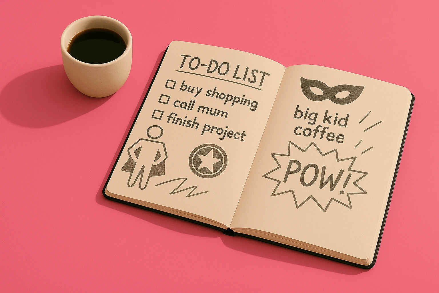 Cup of coffee and a sketch book with a todo list and some comic hero scribbles